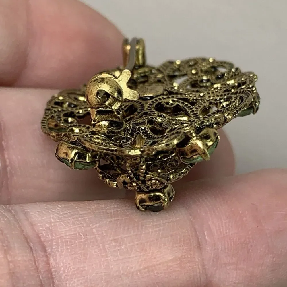 Vintage Brooch Czech Gold Tone Filigree Pin Green Stones Ornate Jewelry 1.25”